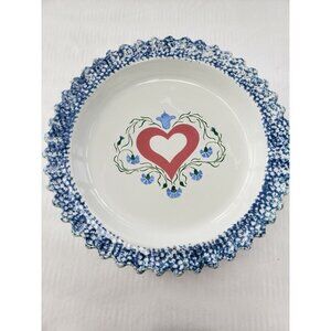 Ceramic Blue Spongeware Border Pie Plate, Pink Heart, Blue Flowers ABC Exclusive